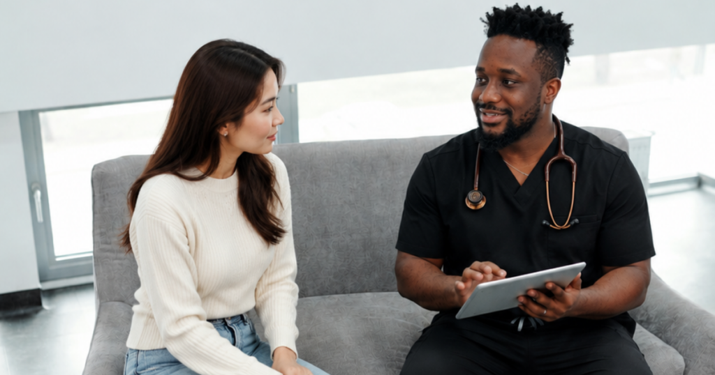 Adult patient speaking with a primary care physician during an annual physical exam in Las Vegas.